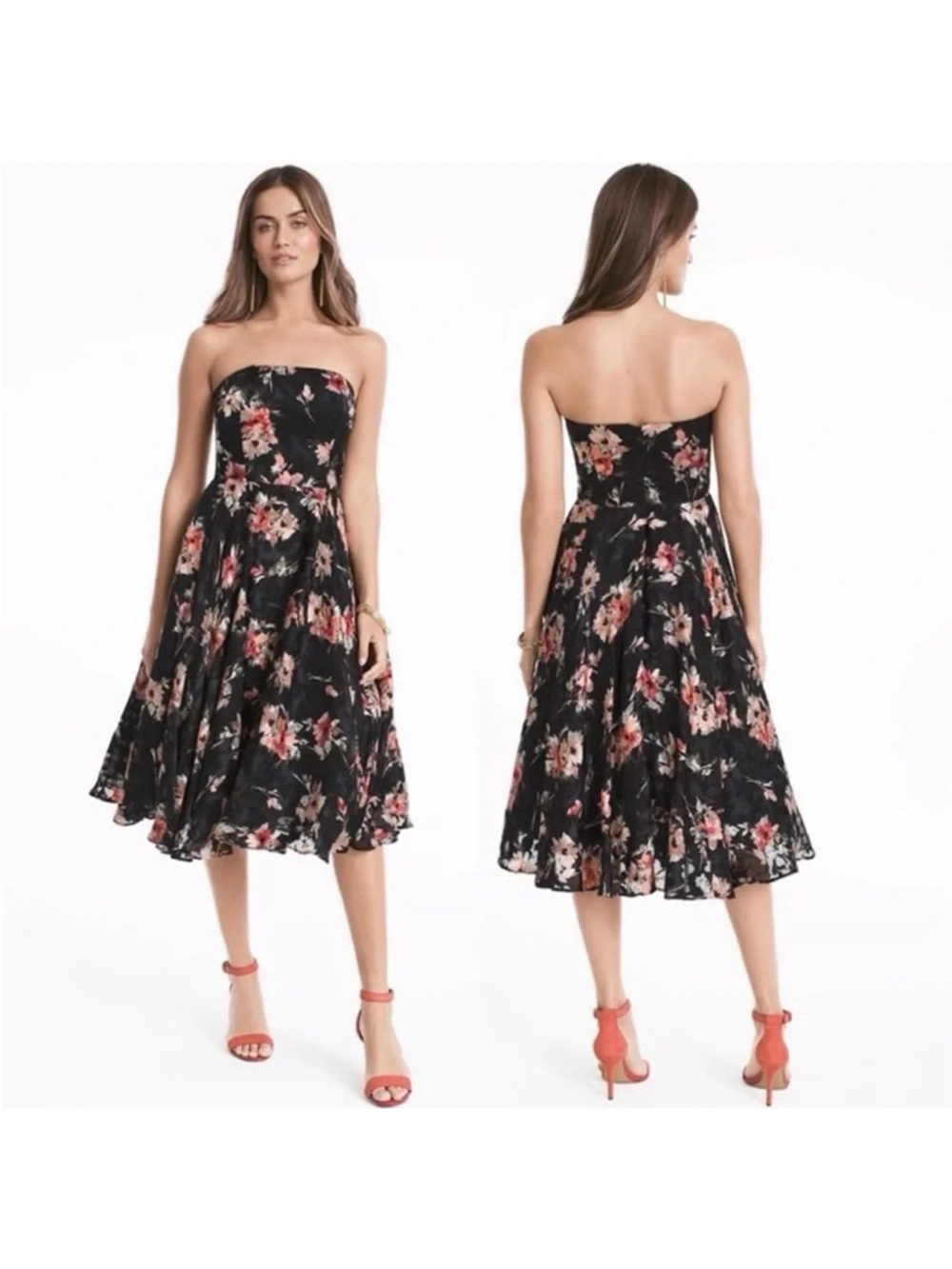 Strapless floral dress with subtle black floral burnout fabric